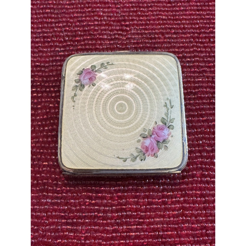 Vintage Guilloche Enamel Powder Compact Pink Roses Floral Mirror Vanity Case